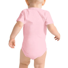 Happy baby wearing Aquarius short-sleeve bodysuit in soft fabric.