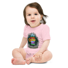 Stylish baby one-piece with Aquarius design, front view.