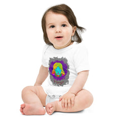 Happy baby crawling in a Virgo short-sleeve one-piece.