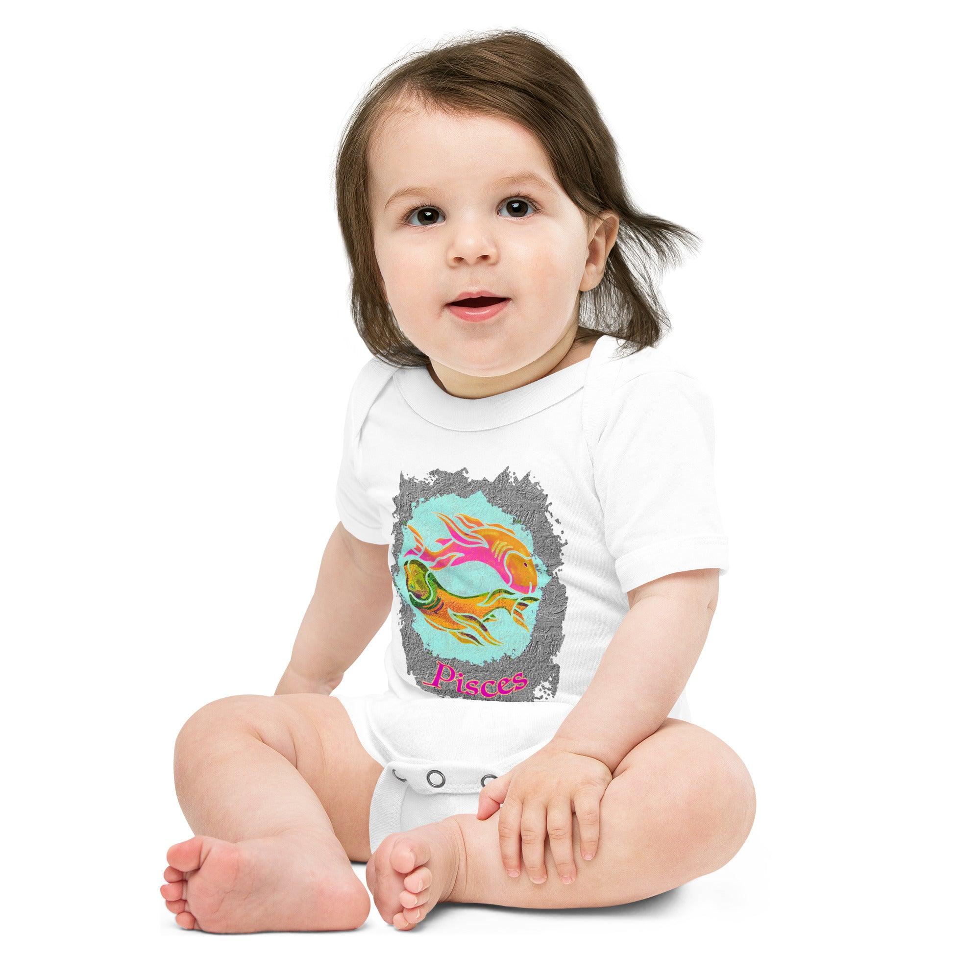 Cute astrological Pisces design on baby one-piece outfit.