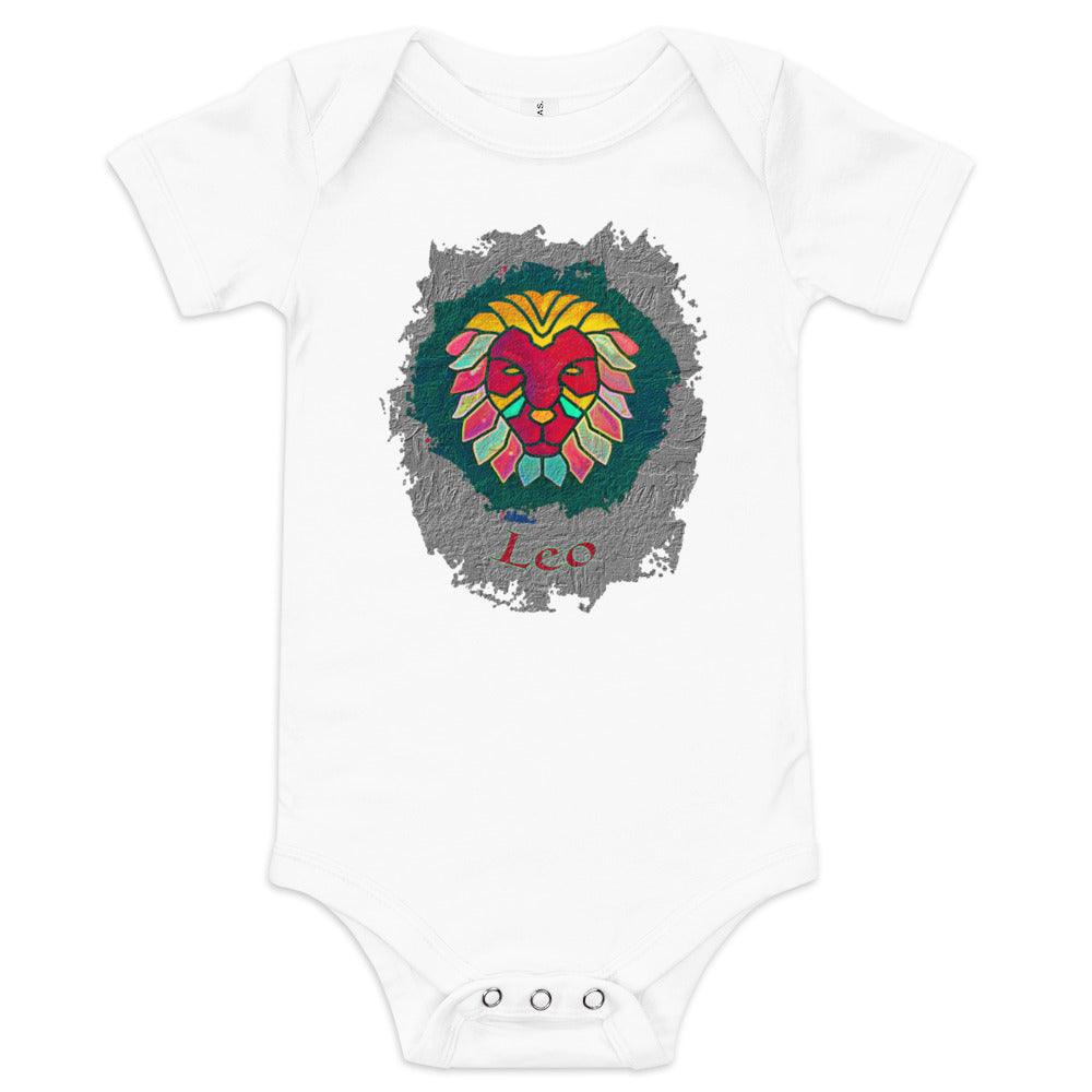 Leo baby one-piece on white background for clarity