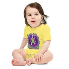 Side view of baby wearing Scorpio short sleeve one-piece, showing fit.