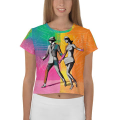 Model wearing Balletic Drama Attire crop tee showcasing elegance and style.