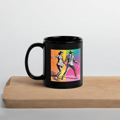 Elegant Black Glossy Mug with Balletic Drama Attire artwork