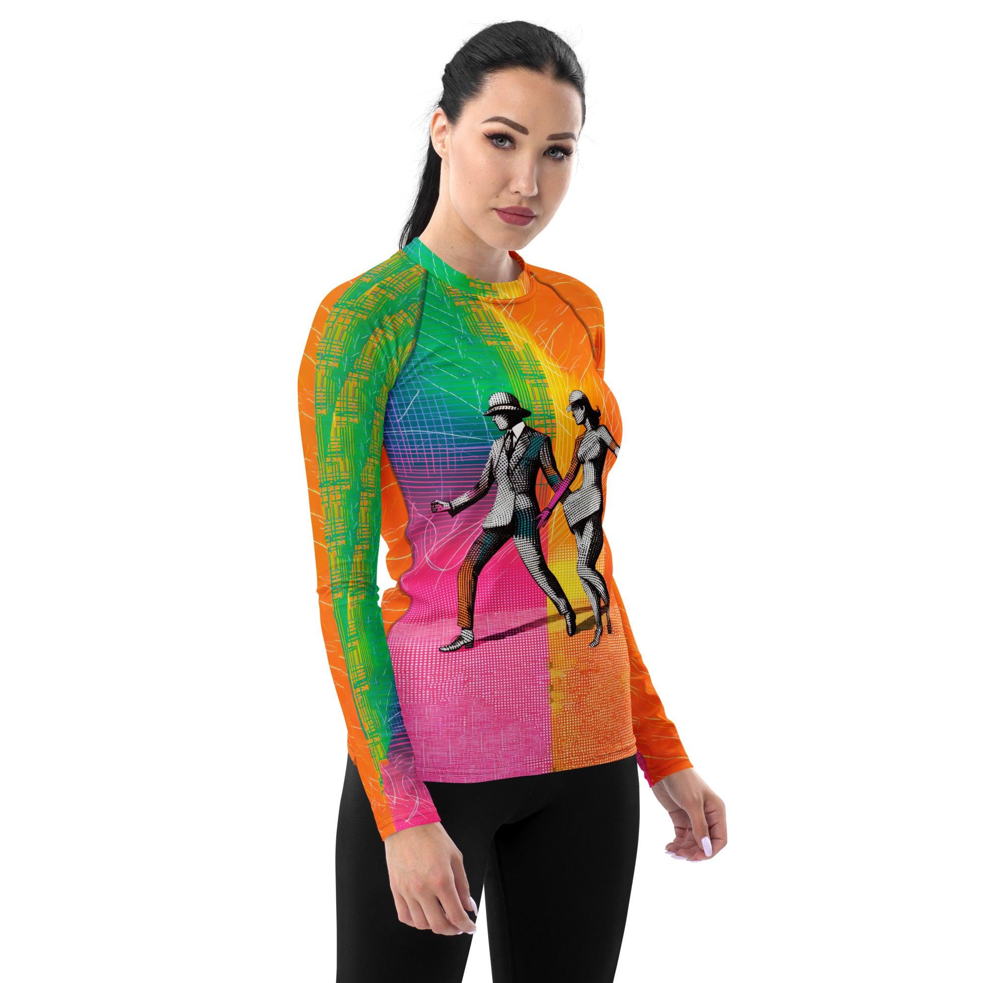 Stylish women's rash guard with balletic drama print