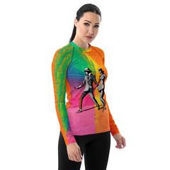 Stylish women's rash guard with balletic drama print