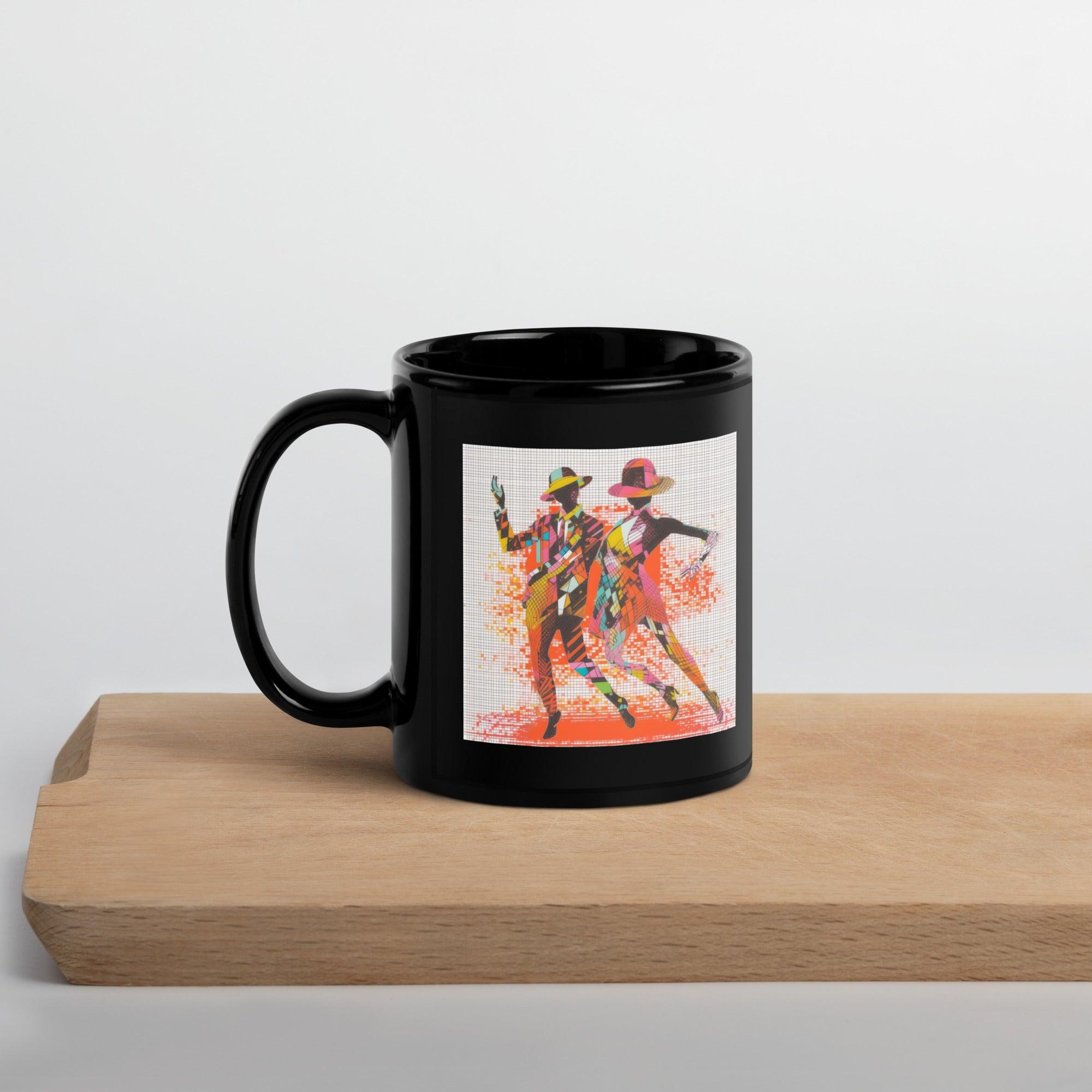 Fashion-forward black glossy coffee mug with Balletic Dreamland design.