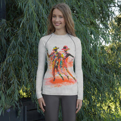 Elegant woman wearing Balletic Dreamland rash guard for fashion and protection.