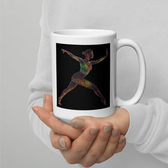 Balletic Elegance white glossy mug with a dancer silhouette design.