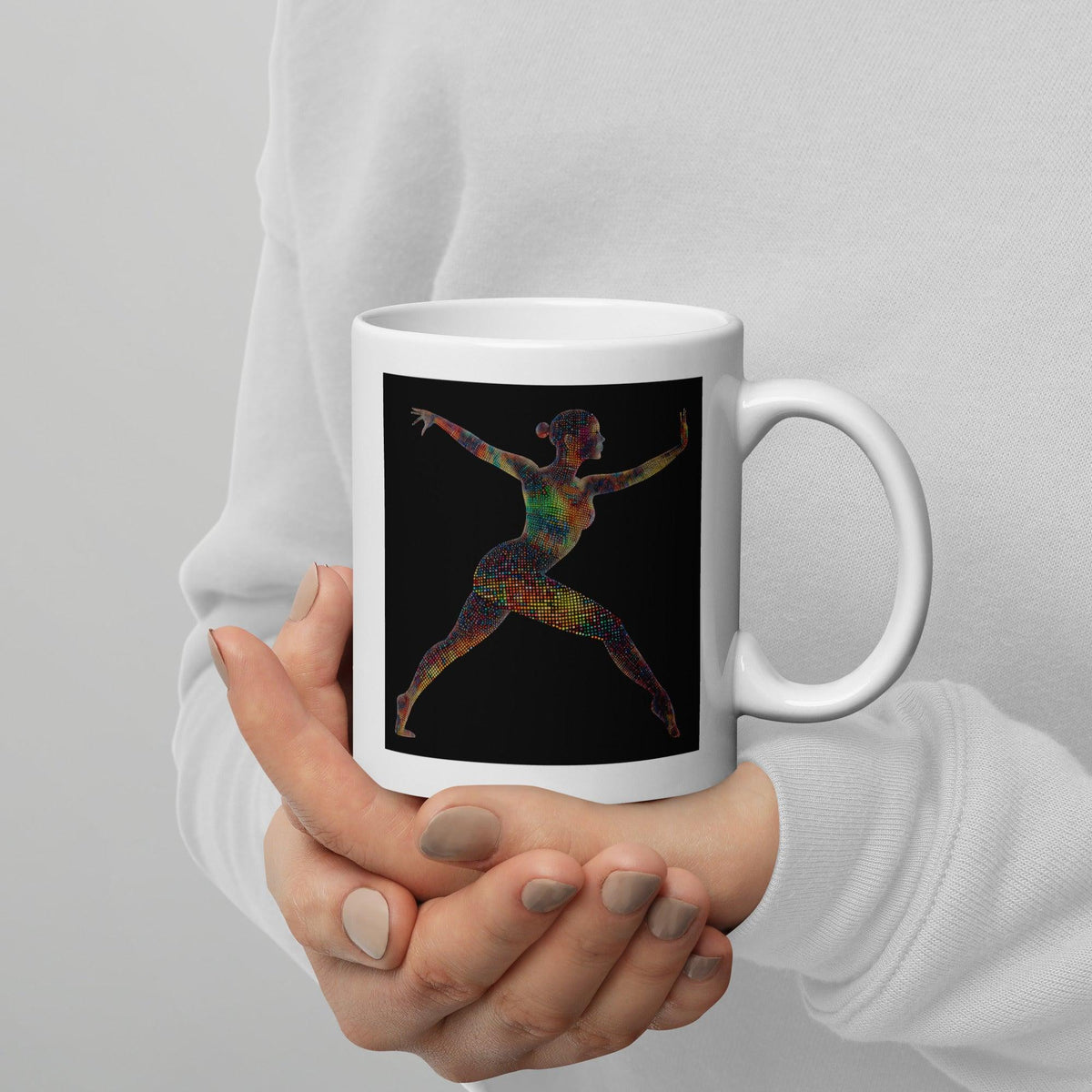 Elegant white coffee mug featuring a unique ballet-inspired fashion statement.