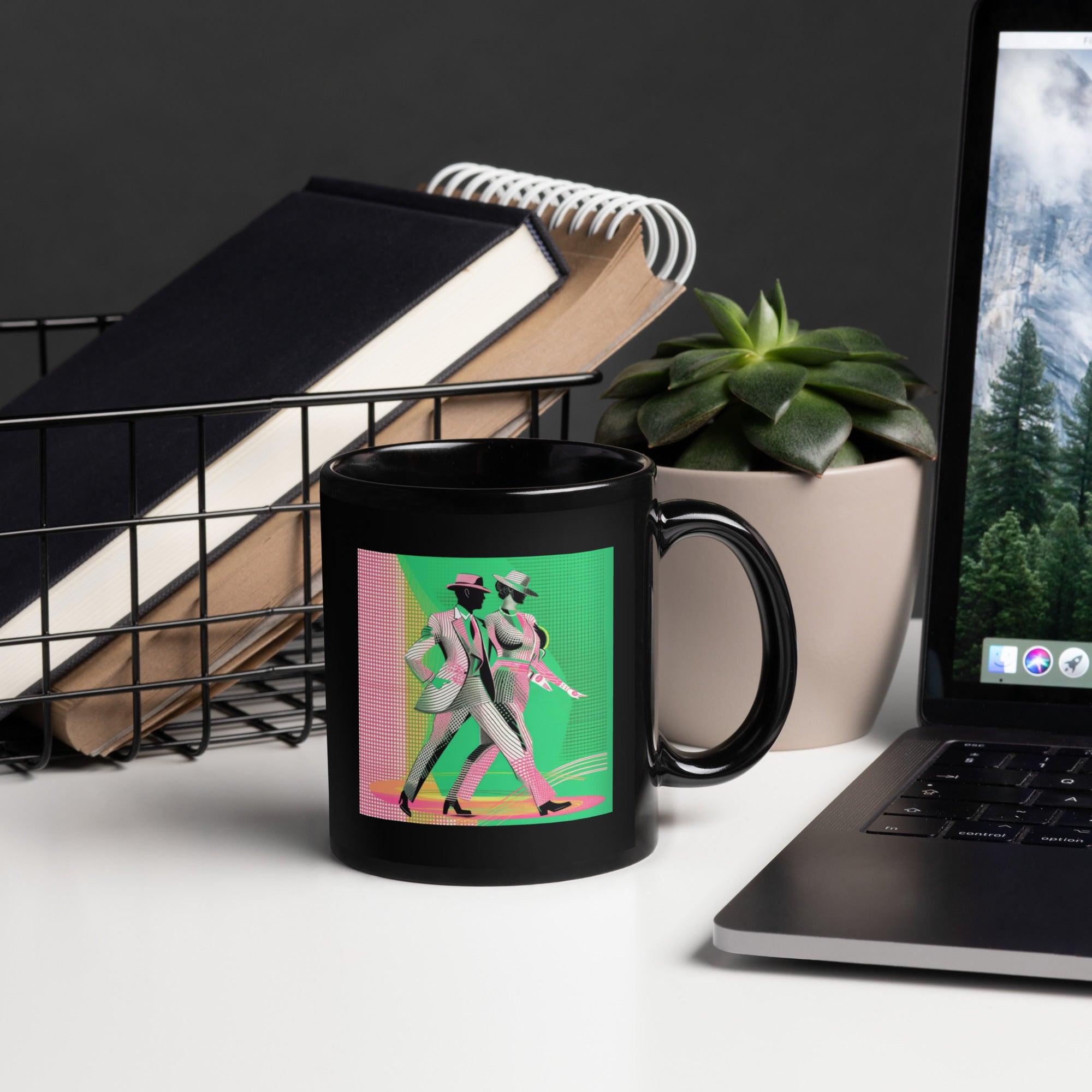 Balletic Euphoria black glossy mug on a chic coffee table.