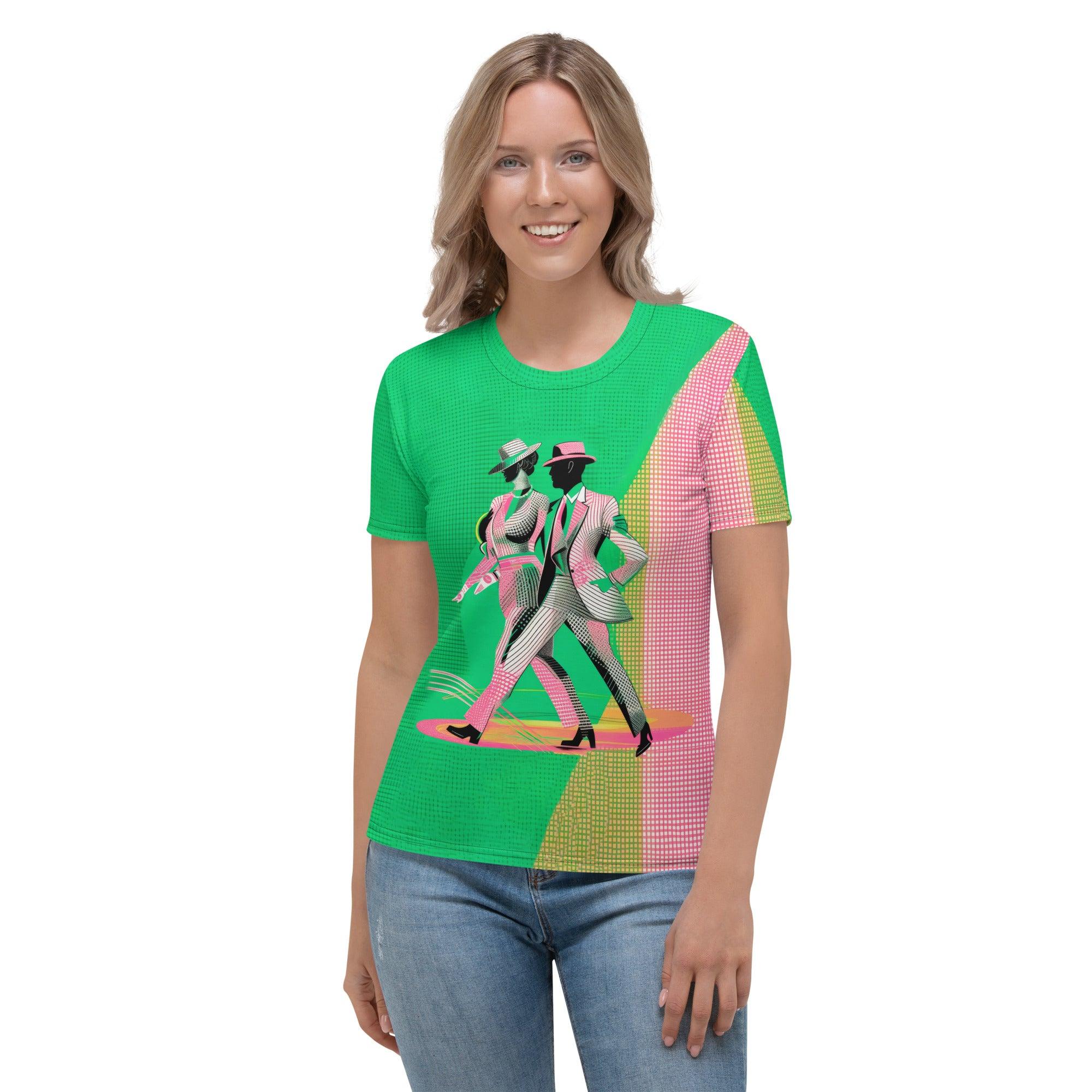 Woman wearing Balletic Euphoria Fashion T-shirt with elegant design.