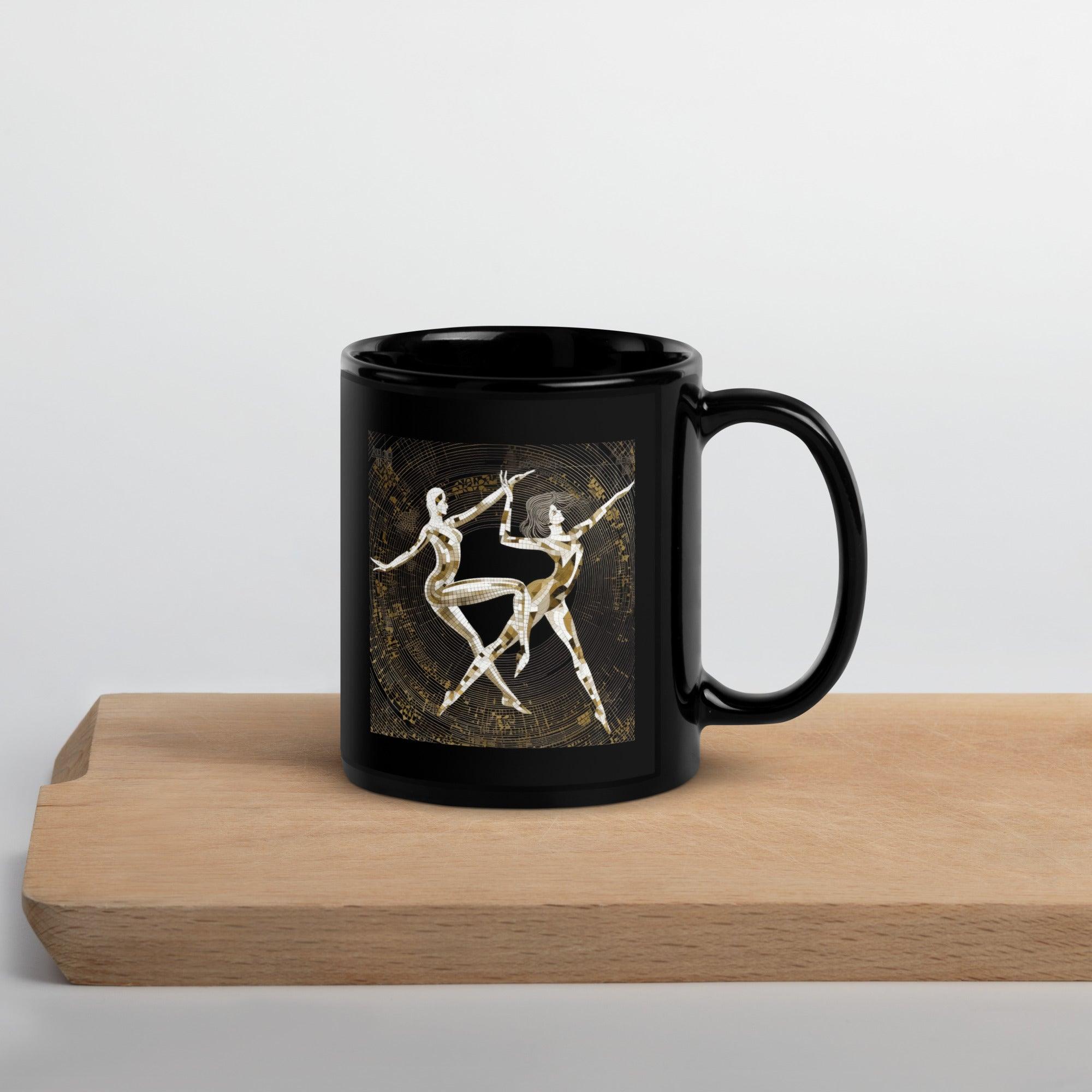 Black mug with balletic extravaganza style on a kitchen counter