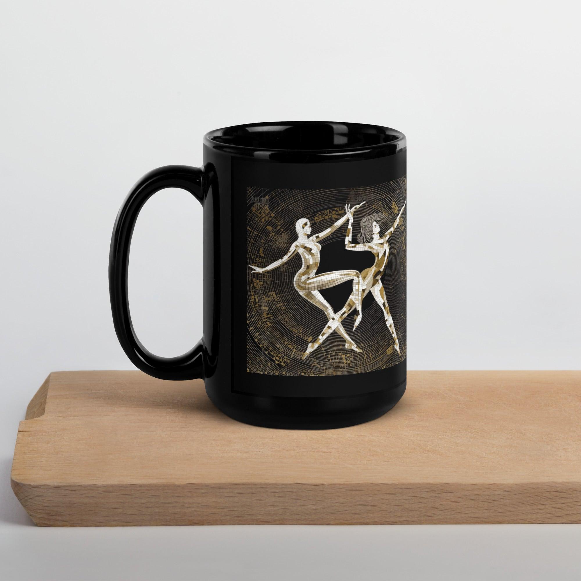 Stylish black tea mug with balletic patterns, ideal for home or office