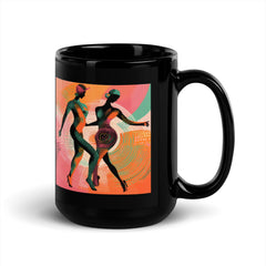 Balletic Extravaganza Glossy Black Mug with steam rising from hot beverage