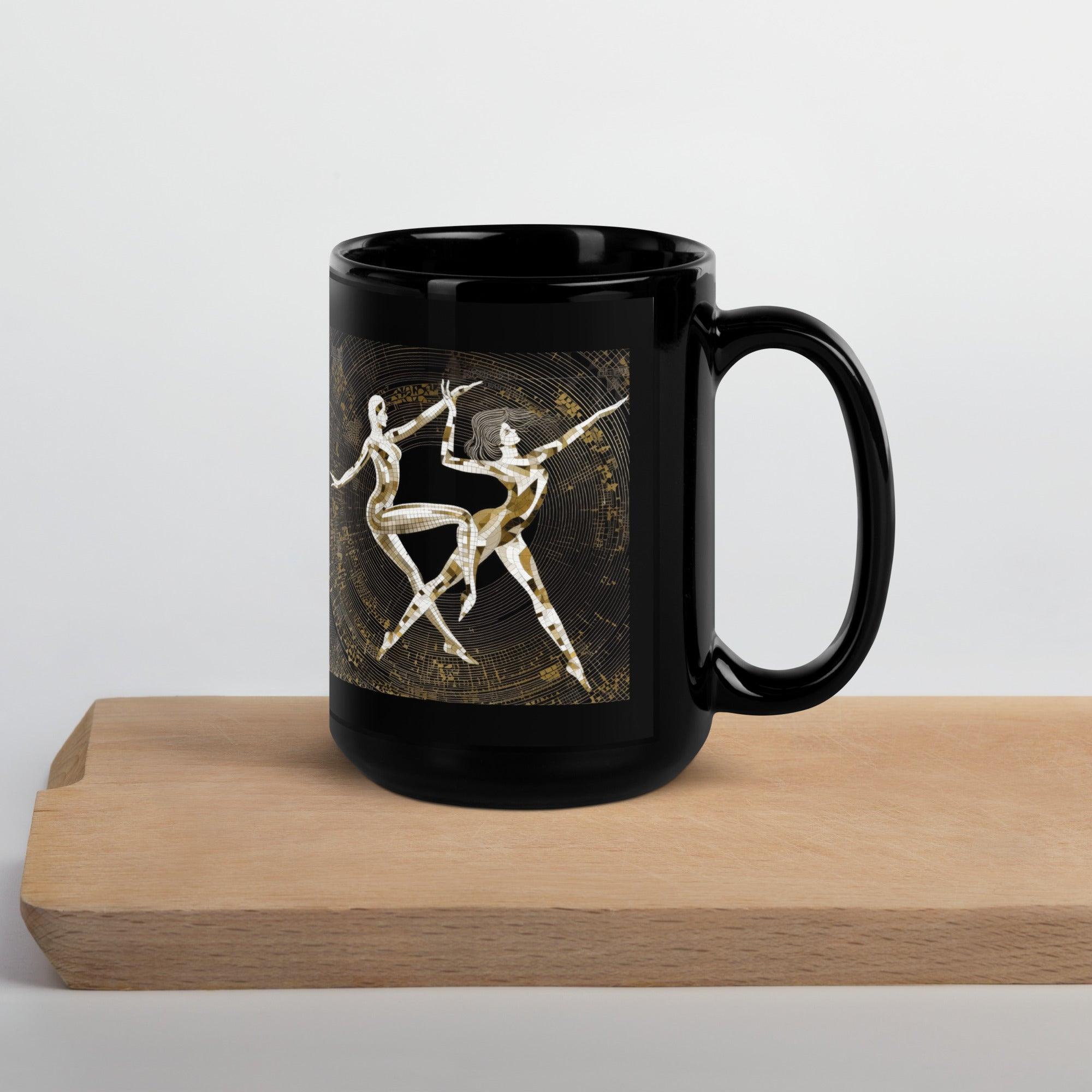 Close-up of a black mug featuring balletic extravaganza artwork