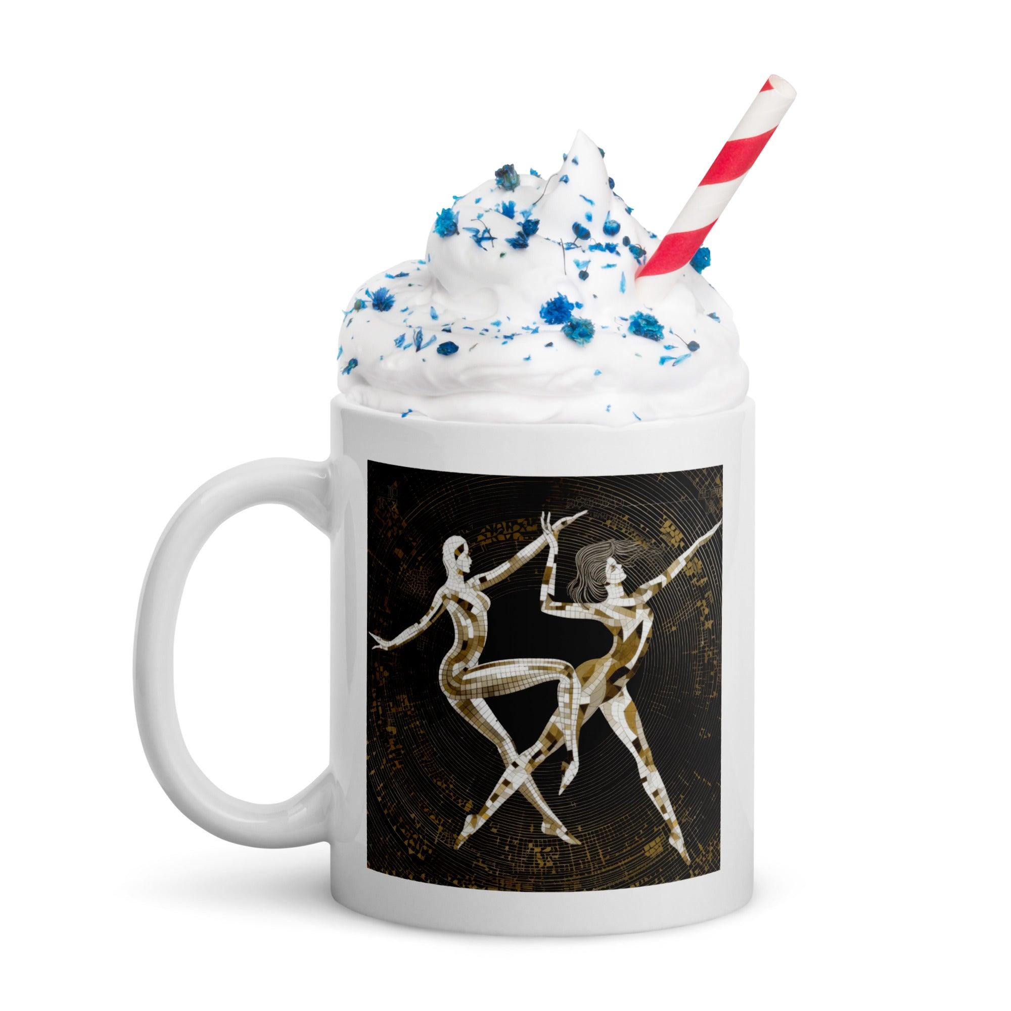 Stylish Balletic Extravaganza white coffee mug on table.