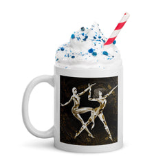 Stylish Balletic Extravaganza white coffee mug on table.