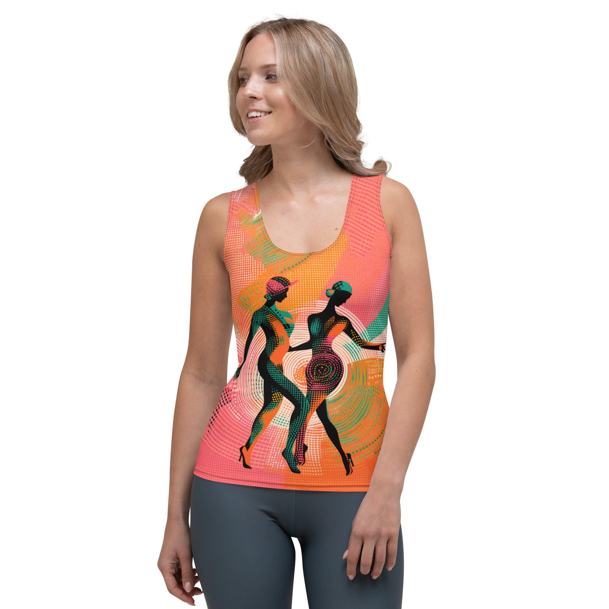 Balletic Extravaganza tank top front view with vibrant sublimation print.