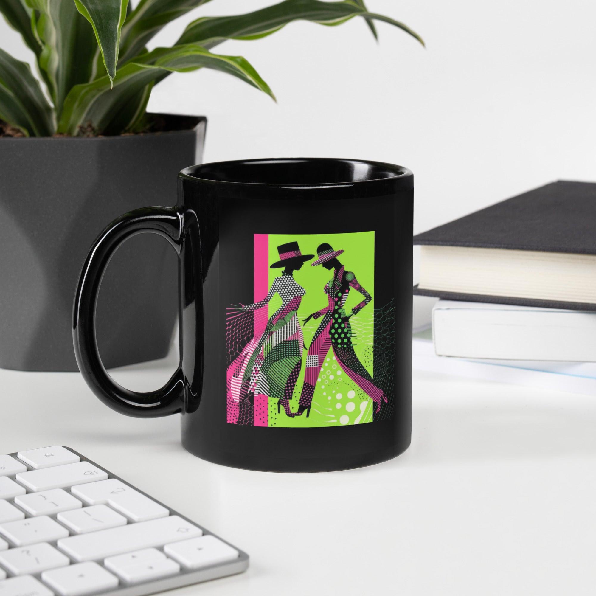 Balletic Fashion Portraits on Black Glossy Coffee Mug - Elegance in Every Sip