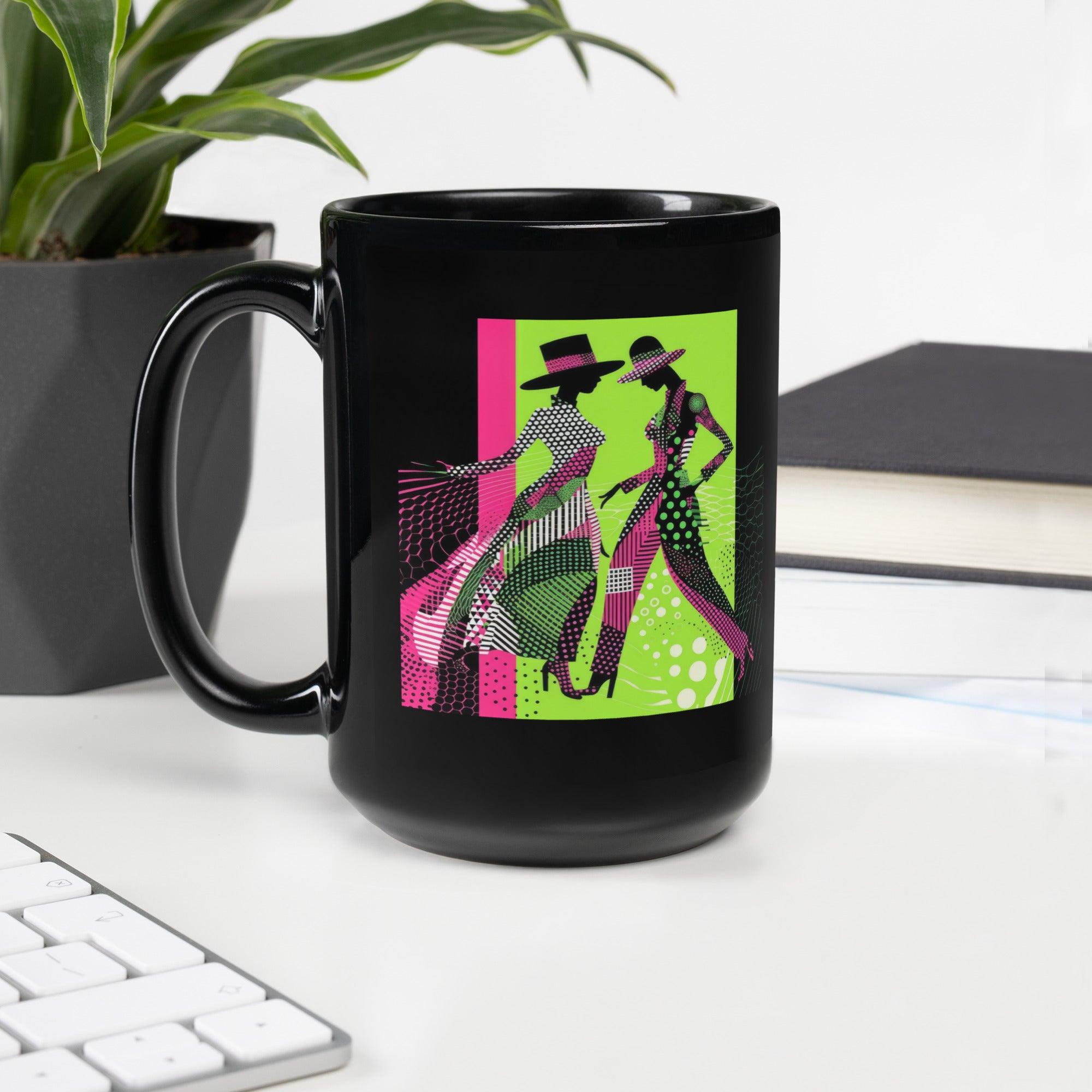 Stylish Black Glossy Mug with Balletic Fashion Illustrations - Chic Drinkware