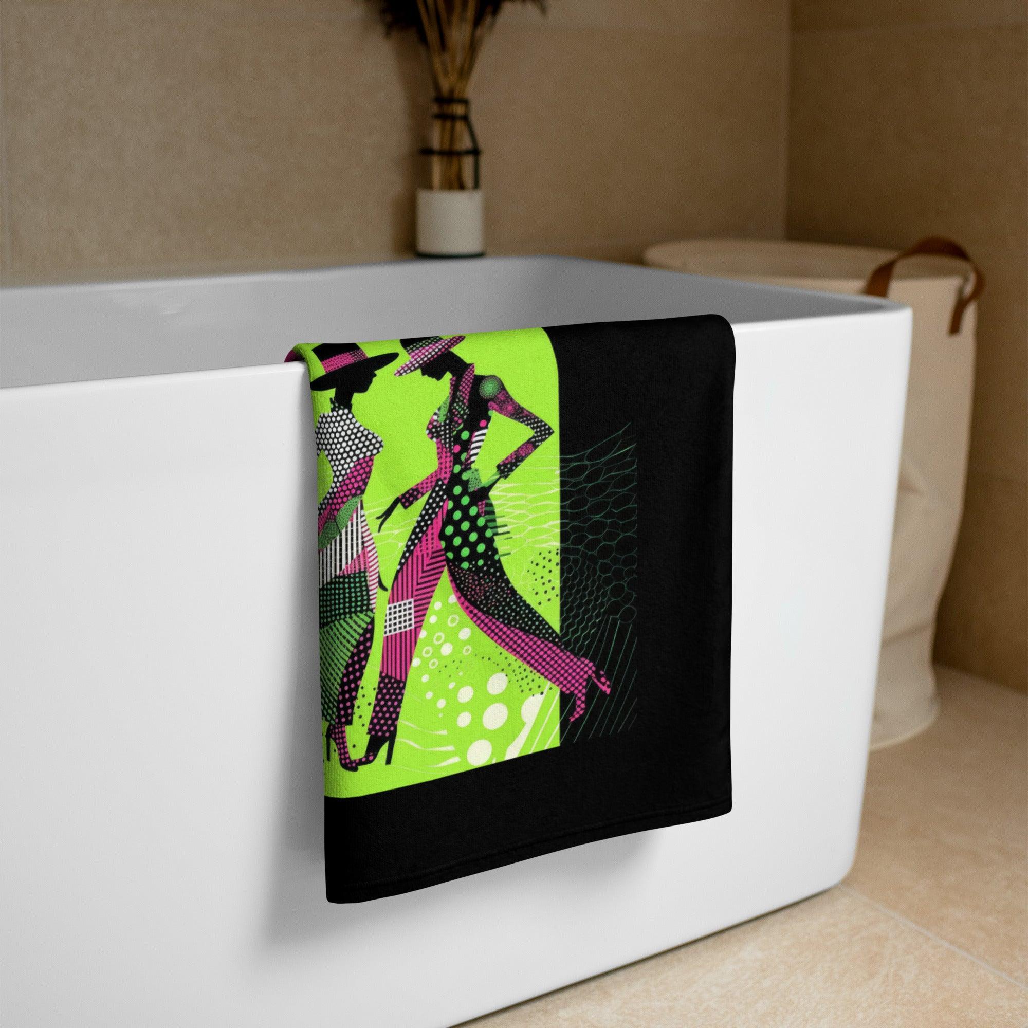 Elegant towel featuring balletic fashion portraits for stylish beach days.