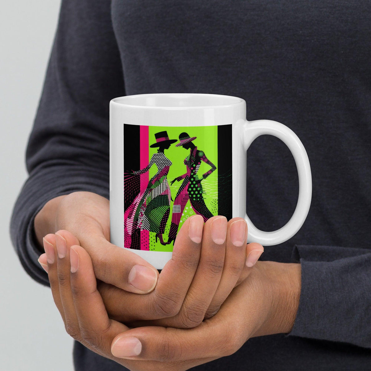 Balletic fashion portrait on a glossy white mug, perfect for art lovers.