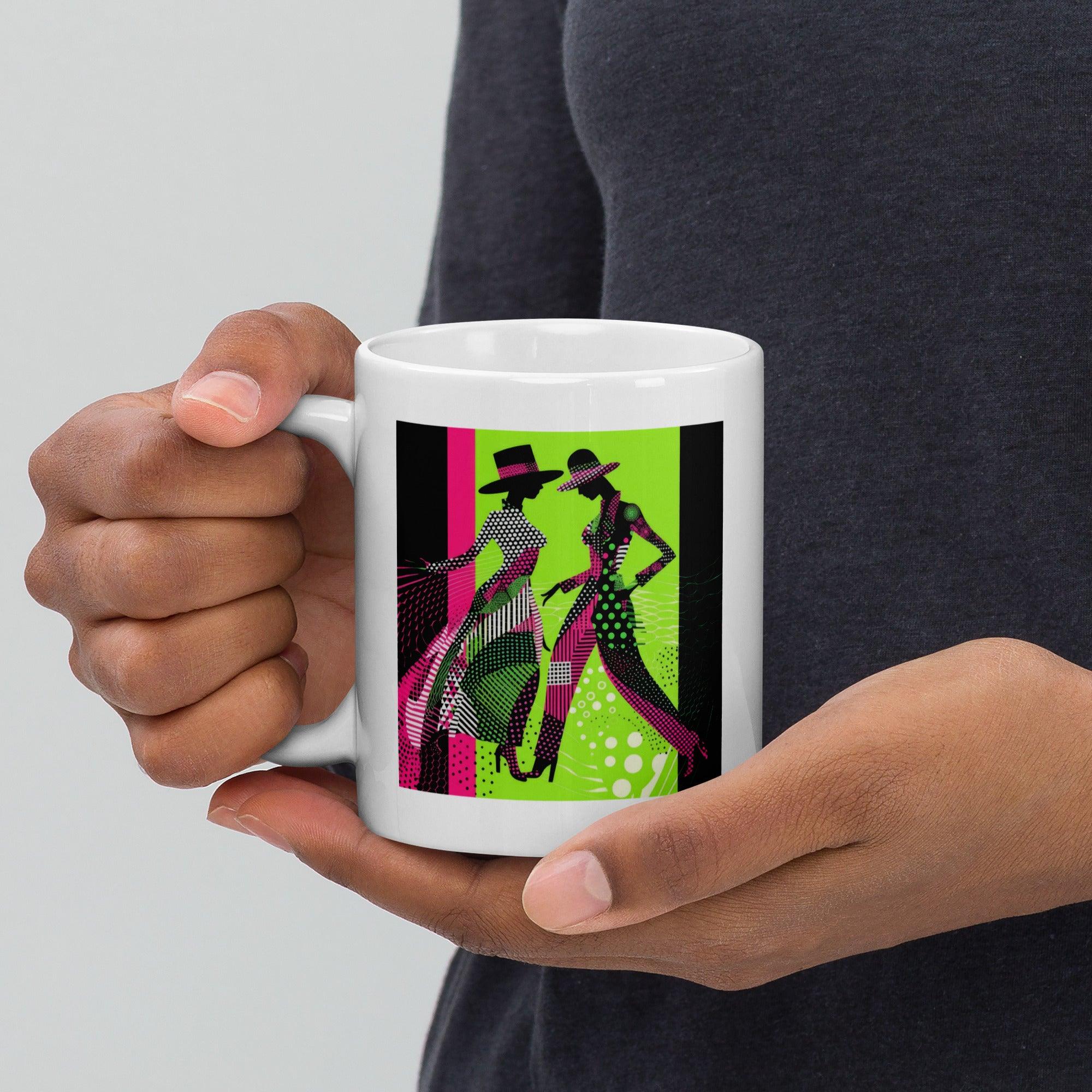 Elegant white glossy mug featuring a unique balletic fashion portrait.