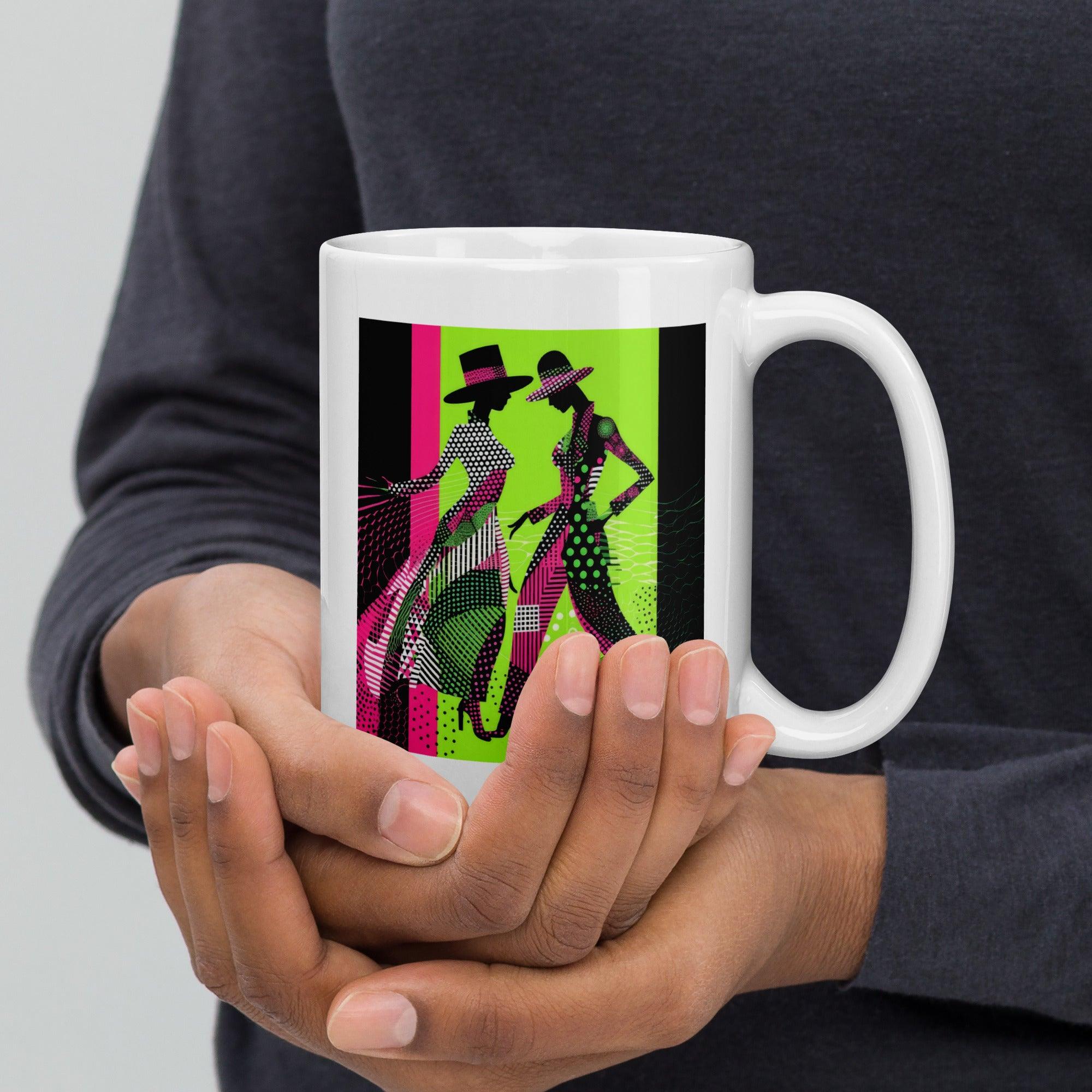 Art-inspired white glossy coffee mug with a balletic fashion design.