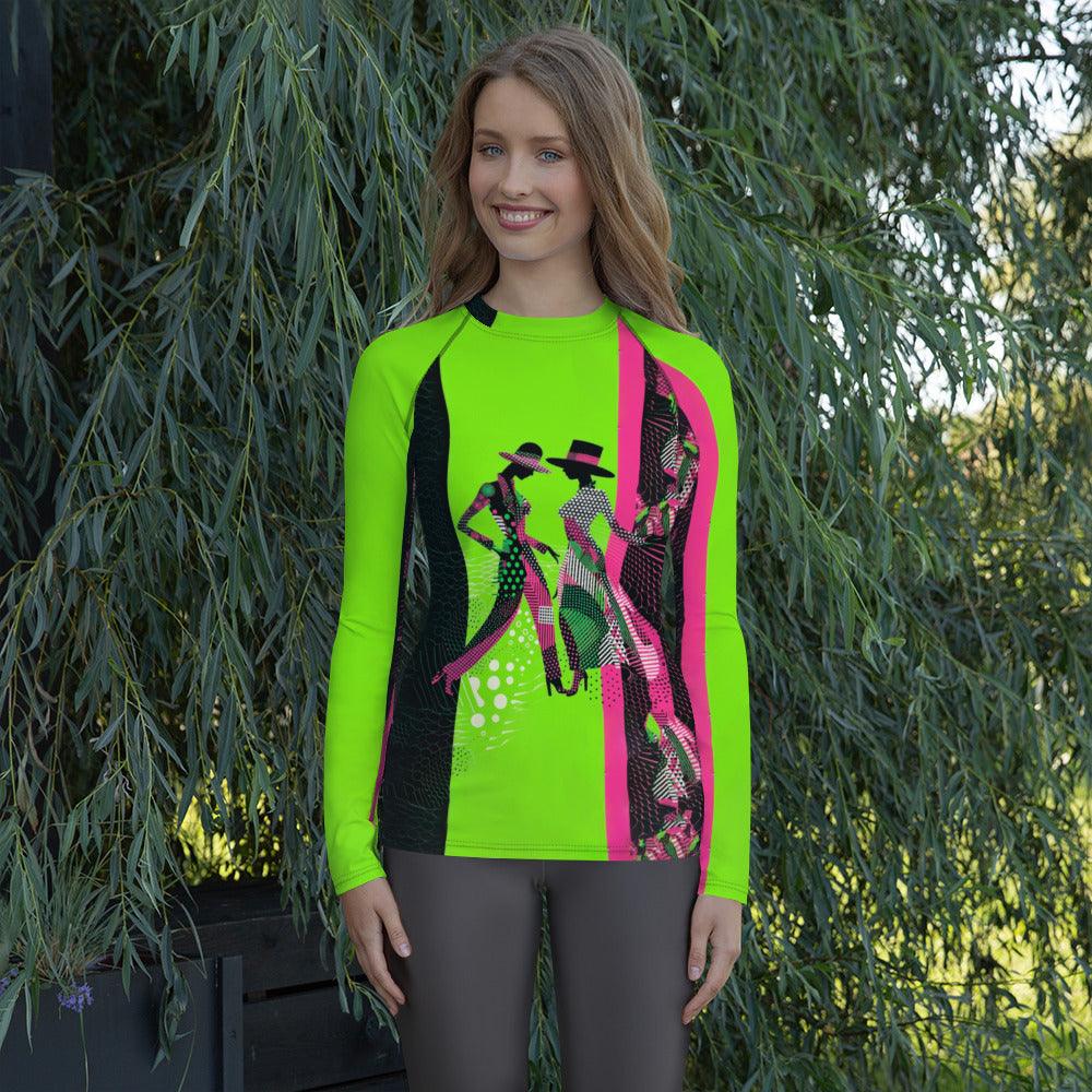 Elegant women's rash guard with balletic fashion portraits design.