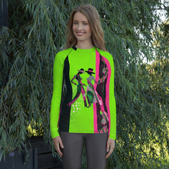 Elegant women's rash guard with balletic fashion portraits design.