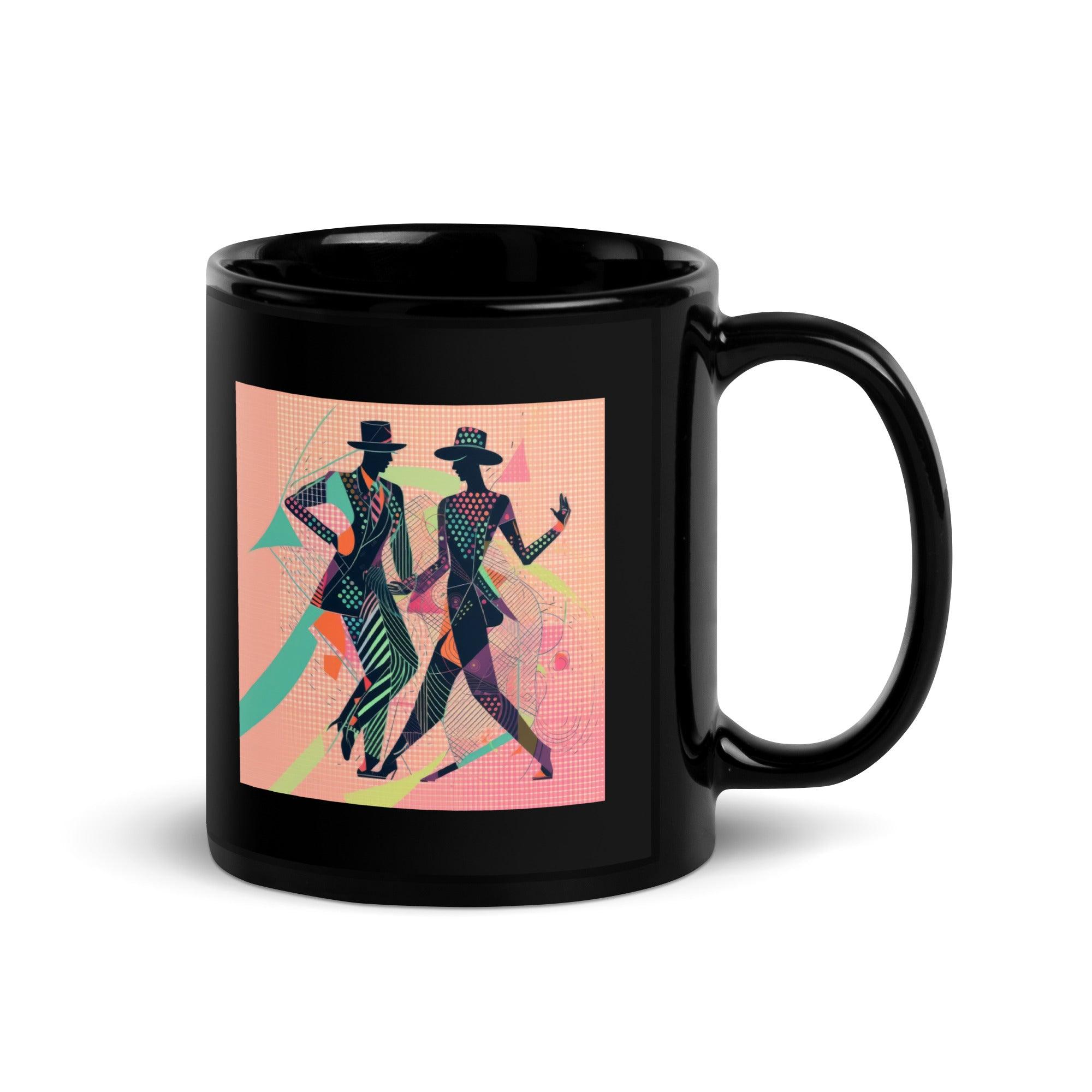 Sophisticated balletic attire pattern on a glossy black coffee mug.