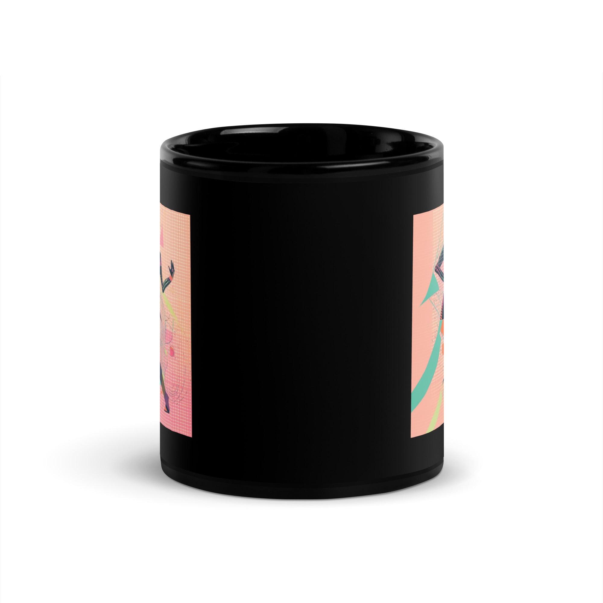 Black glossy mug with intricate balletic flourishes for a stylish drinkware choice.