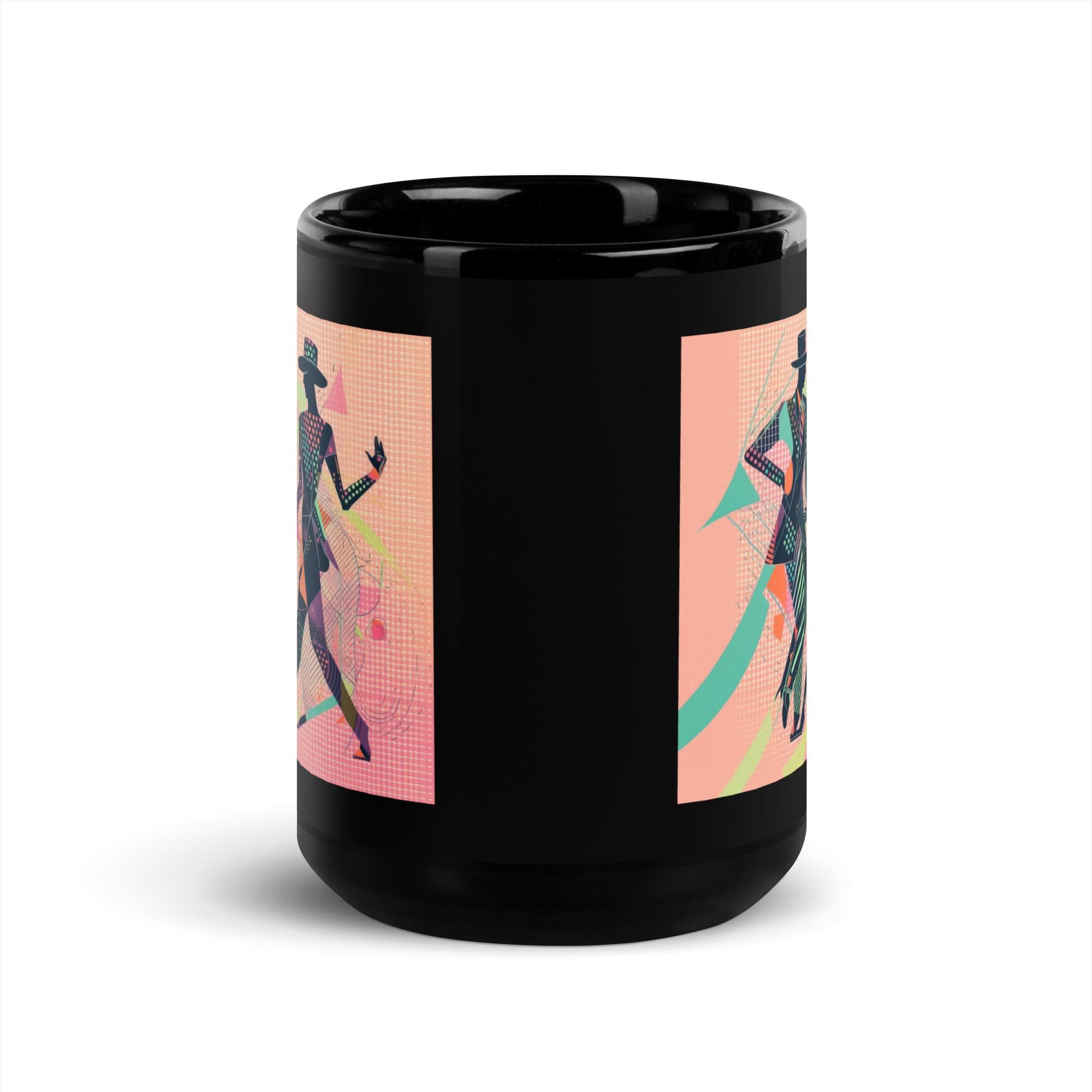 Glossy black mug featuring elegant balletic flourishes attire pattern.