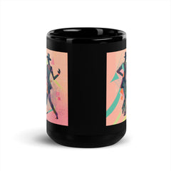 Glossy black mug featuring elegant balletic flourishes attire pattern.