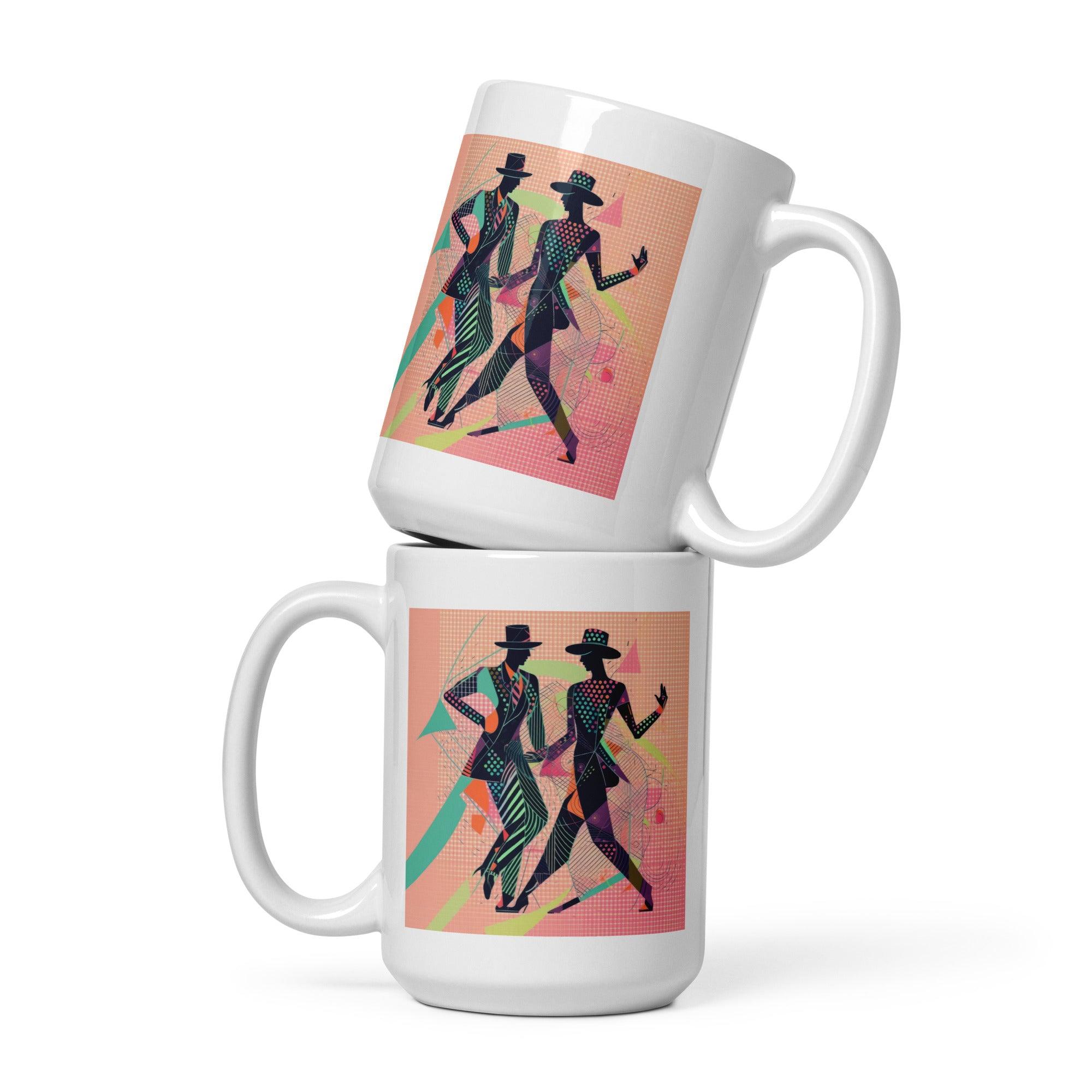 Balletic Flourishes Attire design on a White Glossy Mug close-up.