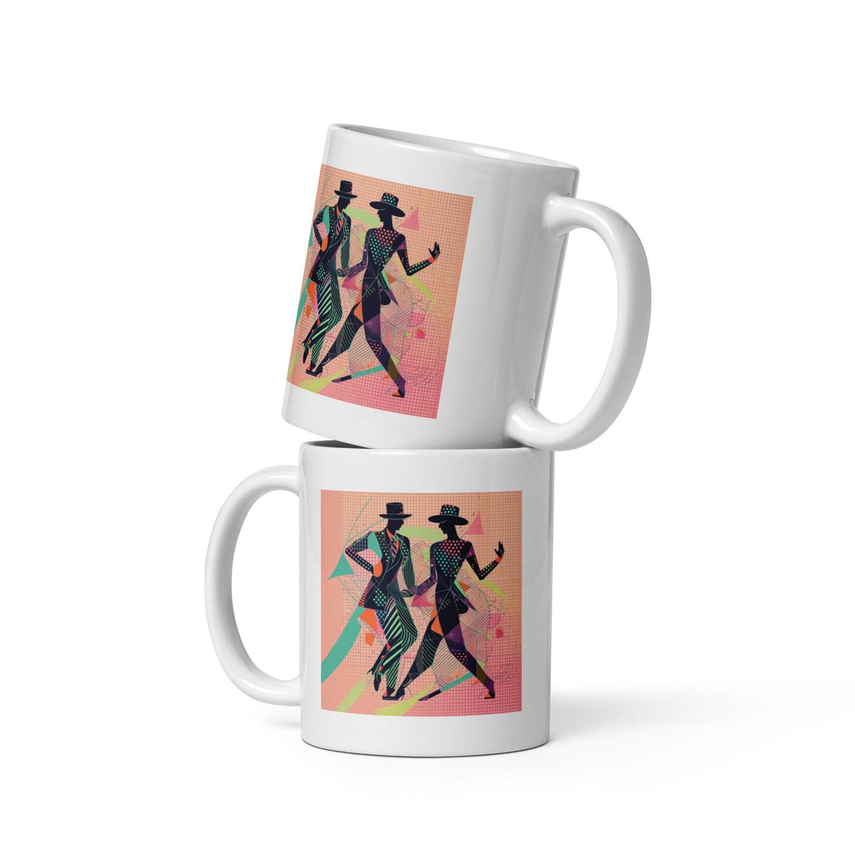 Elegant White Glossy Mug with Balletic Flourishes Attire detailing.