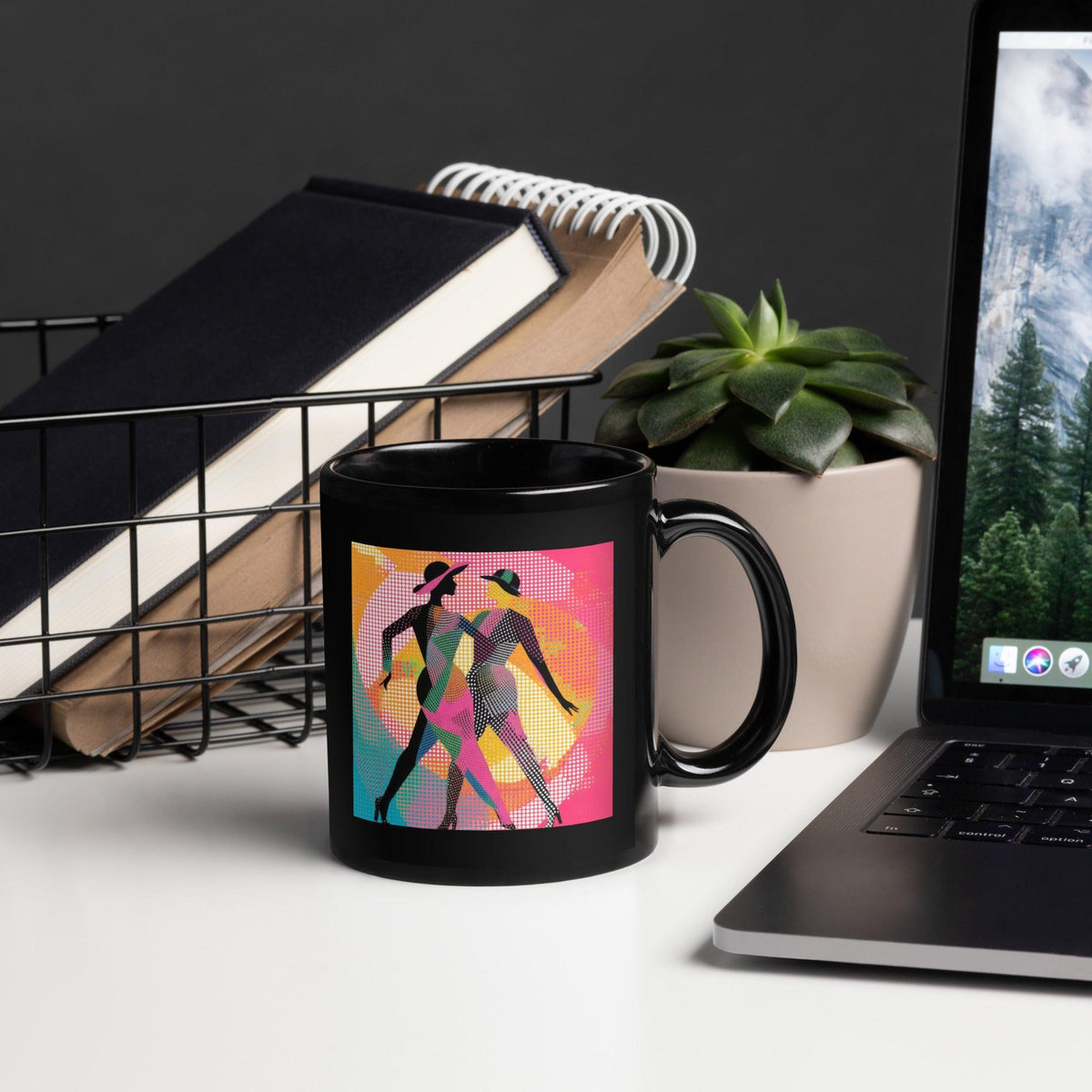 Elegant black glossy mug with Balletic Fusion Fashion design for men.