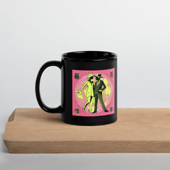Elegant black glossy mug with Balletic Intensity design in natural light