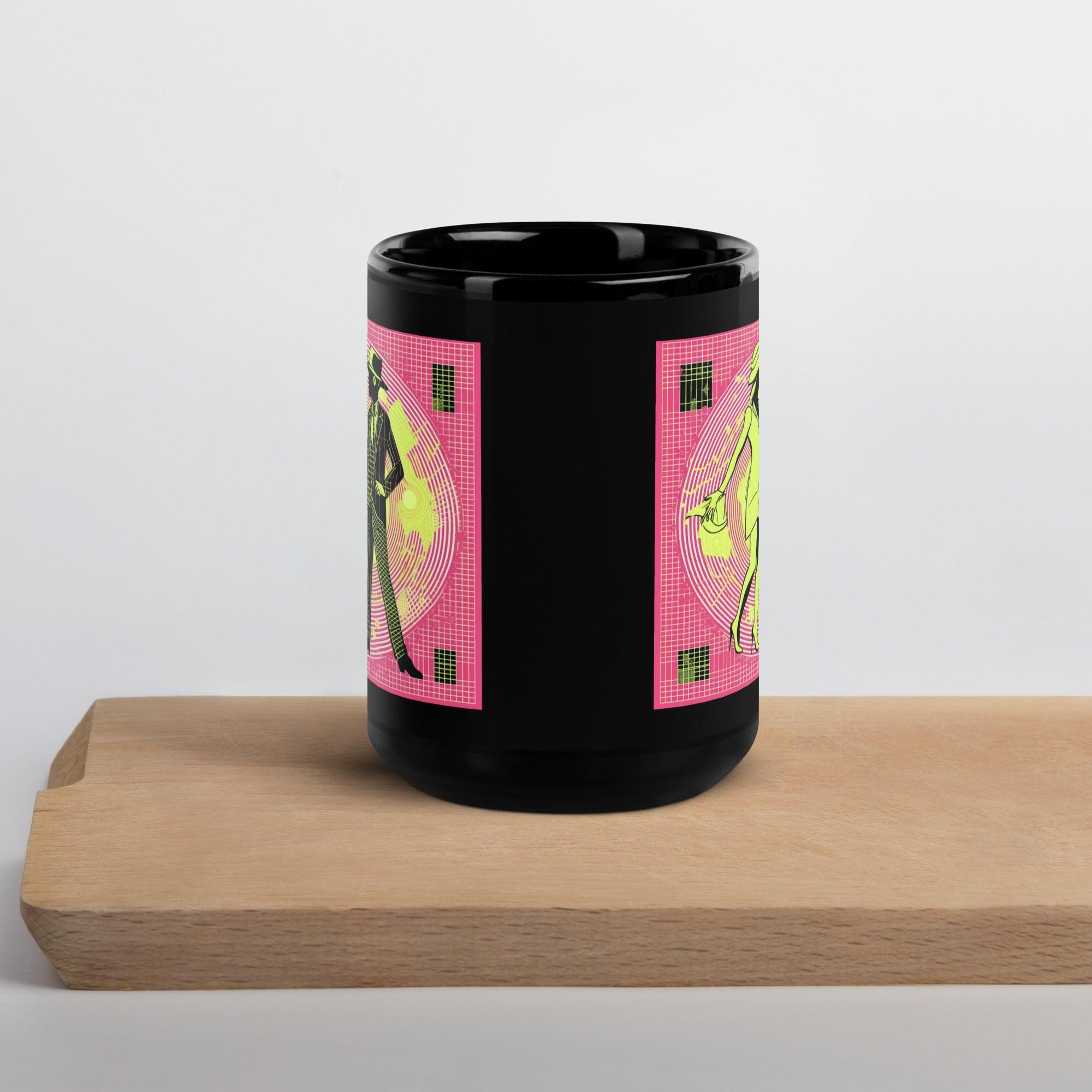 Black glossy mug with Balletic Intensity Attire design against white background