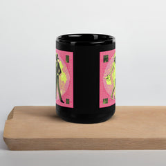 Black glossy mug with Balletic Intensity Attire design against white background