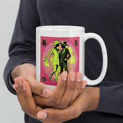 Ballet-themed white glossy mug filled with steaming coffee.