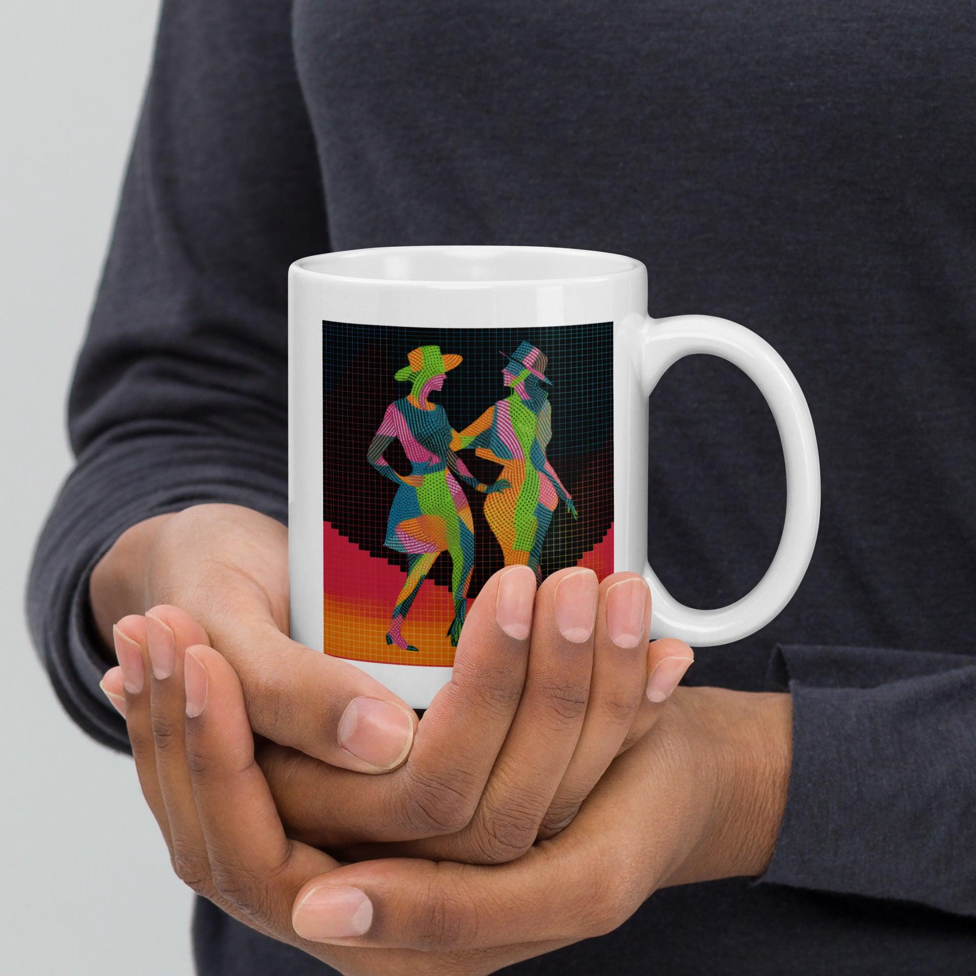 Close-up of the elegant Balletic Intimacy Attire white glossy coffee mug.