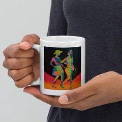 Balletic Intimacy Attire glossy white mug filled with steaming coffee.