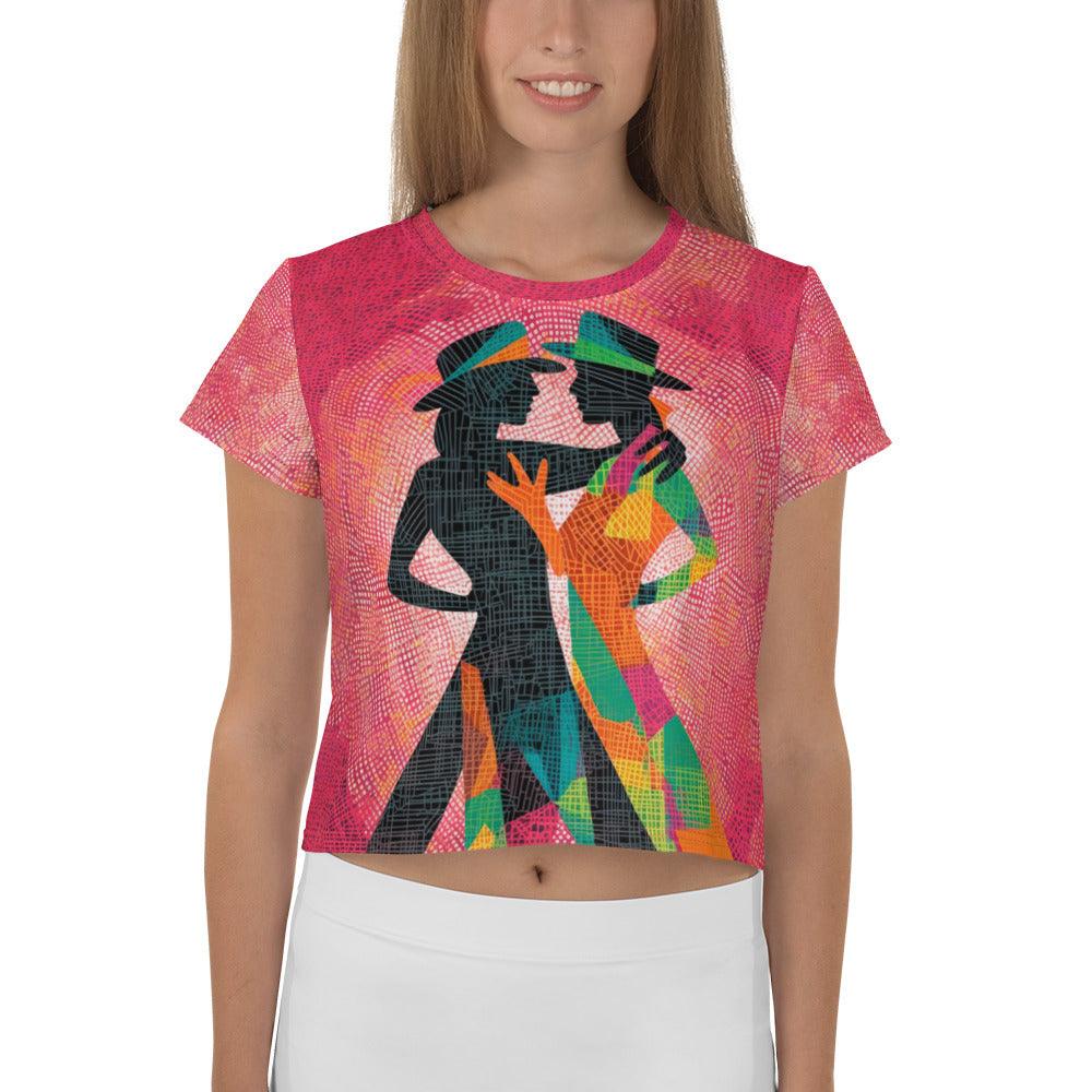 Elegant Balletic Movement Fashion Crop Tee with All-Over Print Design