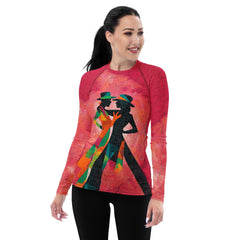 Women's rash guard featuring unique balletic movement pattern.