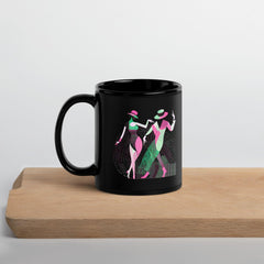 Elegant black glossy mug with Balletic Perfection styling for stylish sipping.