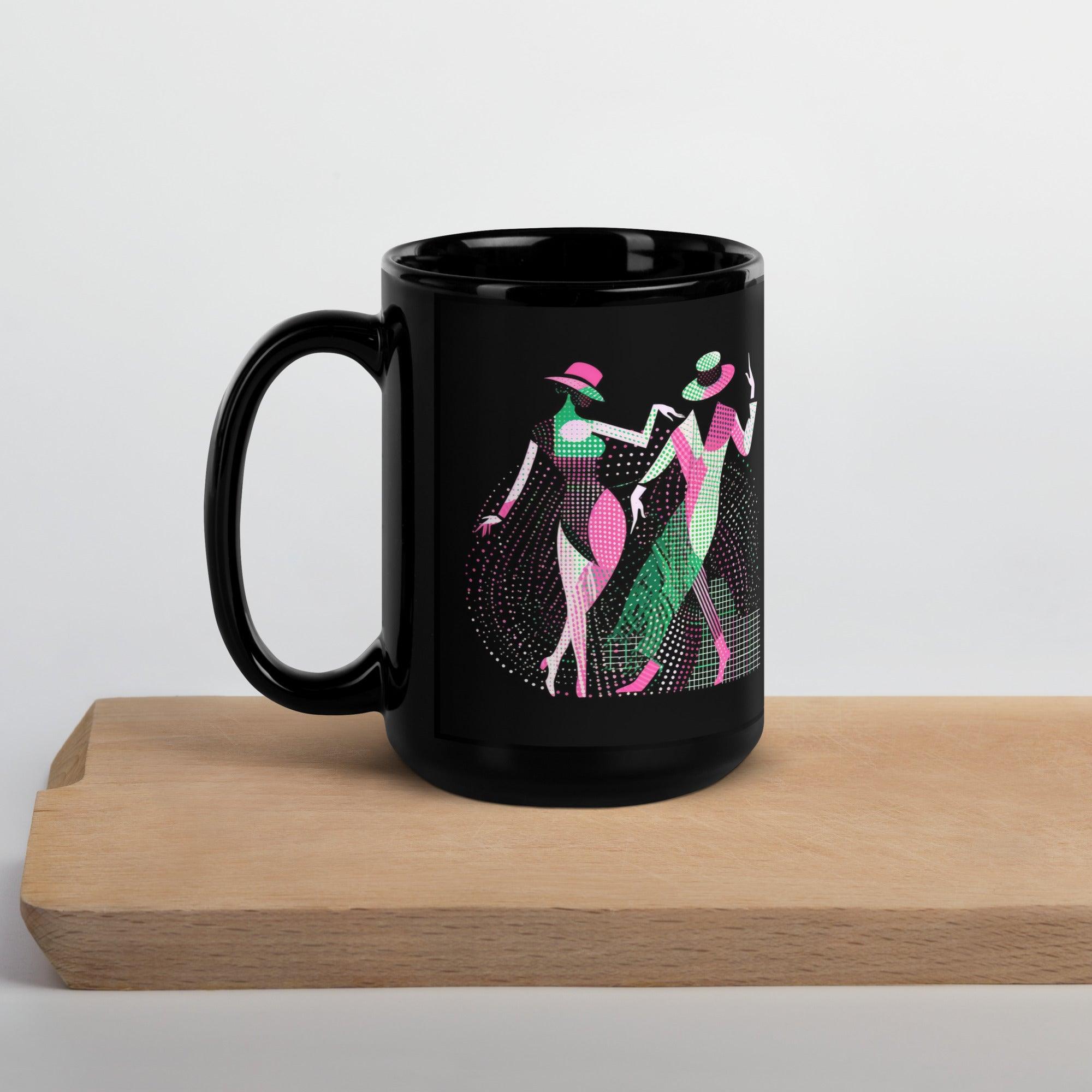 Sophisticated Balletic Perfection glossy mug filled with steaming coffee.