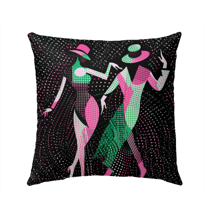 Balletic Perfection pillow displayed on garden bench, merging art with outdoor comfort.