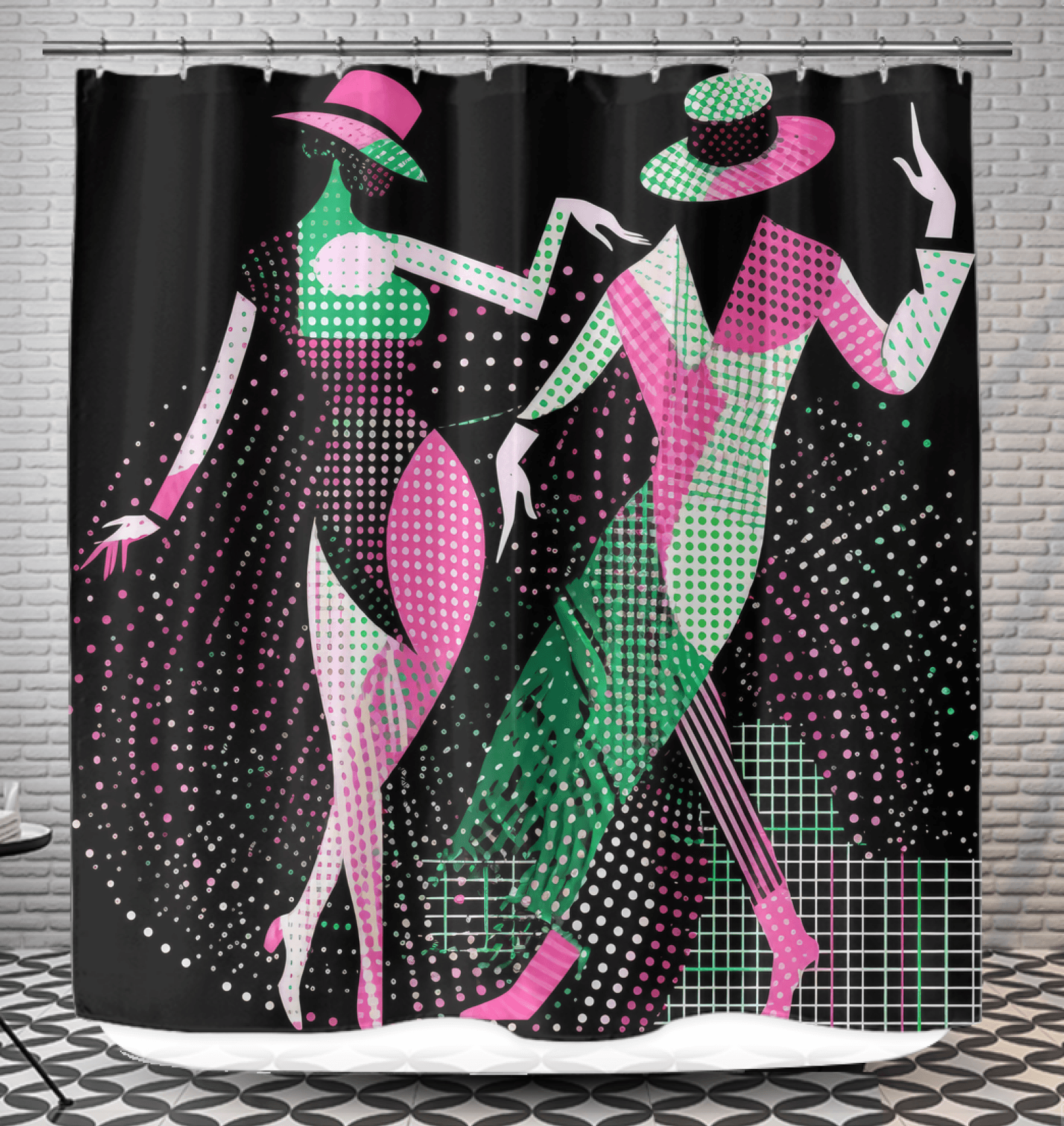 Elegant Balletic Perfection shower curtain showcasing fashion-inspired design.